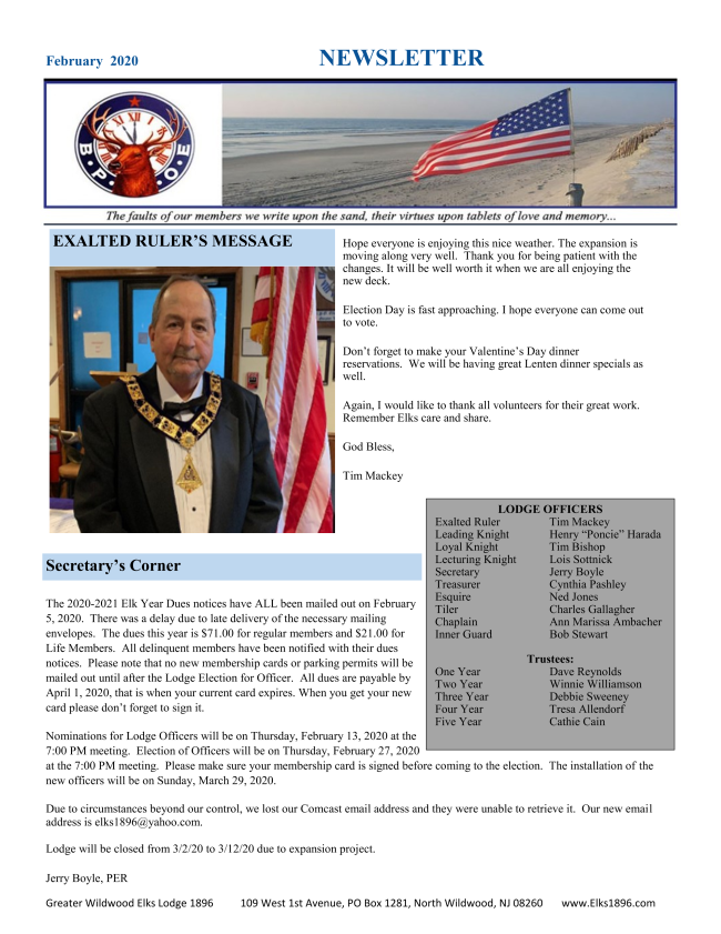 Elks February 2020 Newsletter Greater Wildwood Elks Lodge 1896